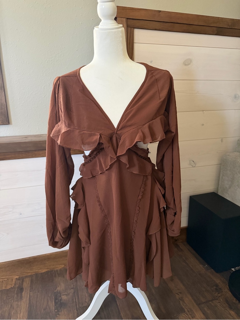ASOS Brown Ruffle Wrap Mini Dress - Picture 4 of 6